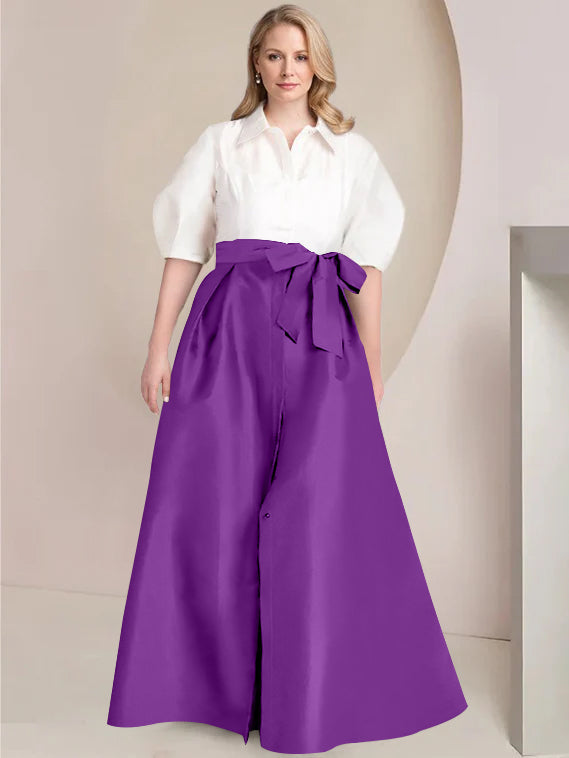 A-Line/Princess Shirt Collar Short Sleeves Floor-Length 2 pieces Plus Size Mother Of The Bride Dresses with Bowknot