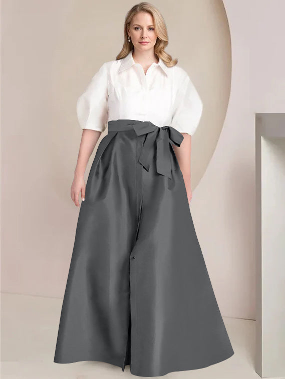 A-Line/Princess Shirt Collar Short Sleeves Floor-Length 2 pieces Plus Size Mother Of The Bride Dresses with Bowknot