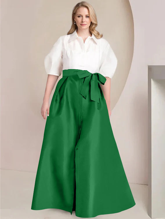 A-Line/Princess Shirt Collar Short Sleeves Floor-Length 2 pieces Plus Size Mother Of The Bride Dresses with Bowknot