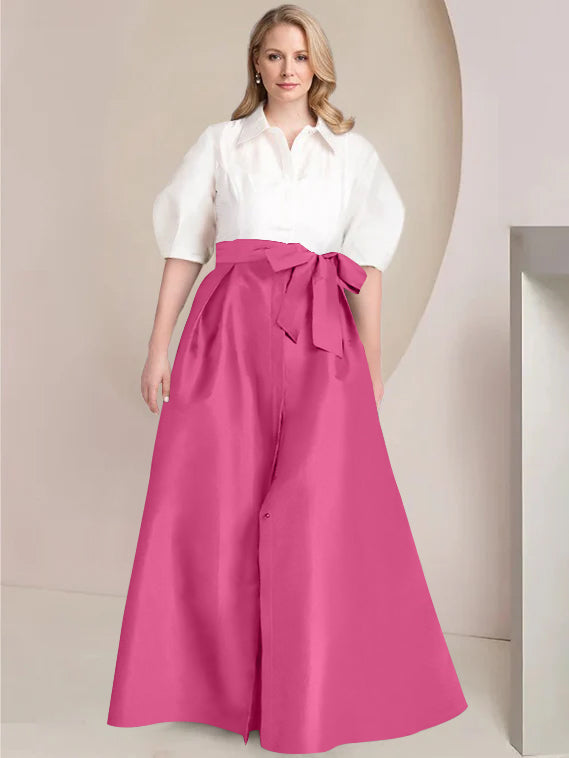 A-Line/Princess Shirt Collar Short Sleeves Floor-Length 2 pieces Plus Size Mother Of The Bride Dresses with Bowknot