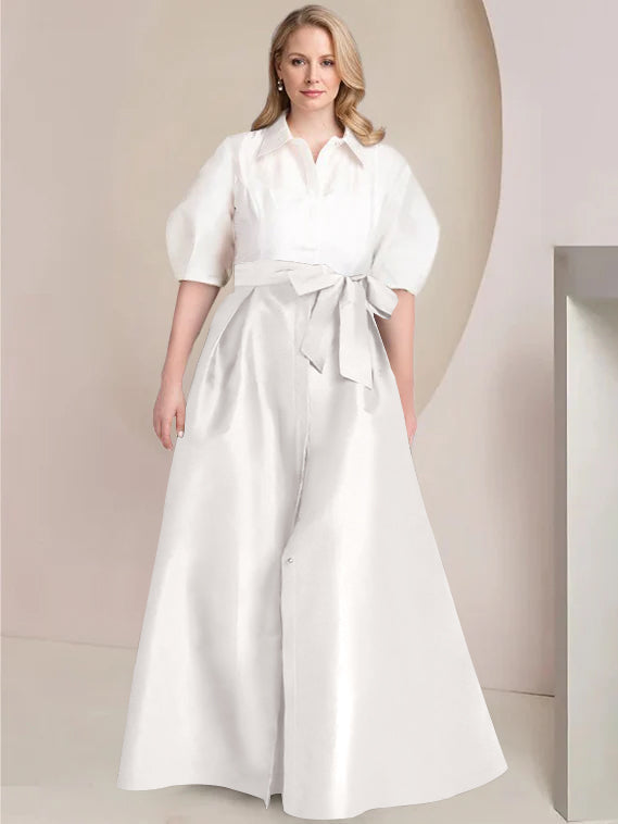 A-Line/Princess Shirt Collar Short Sleeves Floor-Length 2 pieces Plus Size Mother Of The Bride Dresses with Bowknot