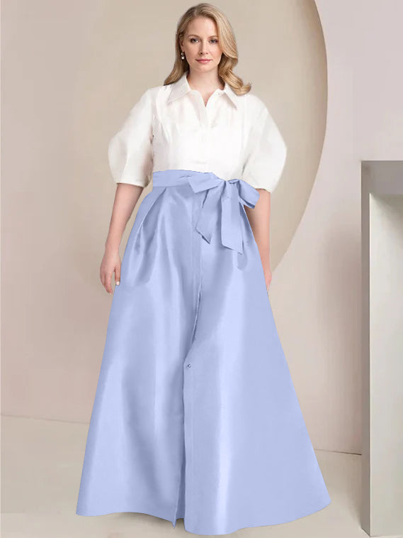 A-Line/Princess Shirt Collar Short Sleeves Floor-Length 2 pieces Plus Size Mother Of The Bride Dresses with Bowknot