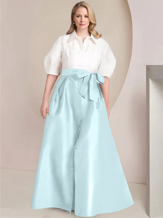 A-Line/Princess Shirt Collar Short Sleeves Floor-Length 2 pieces Plus Size Mother Of The Bride Dresses with Bowknot