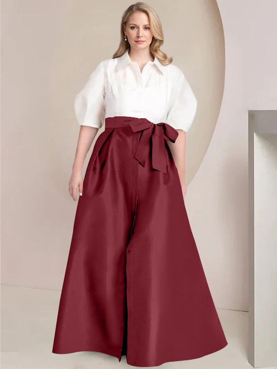 A-Line/Princess Shirt Collar Short Sleeves Floor-Length 2 pieces Plus Size Mother Of The Bride Dresses with Bowknot