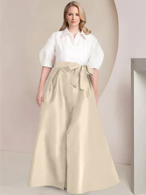 A-Line/Princess Shirt Collar Short Sleeves Floor-Length 2 pieces Plus Size Mother Of The Bride Dresses with Bowknot