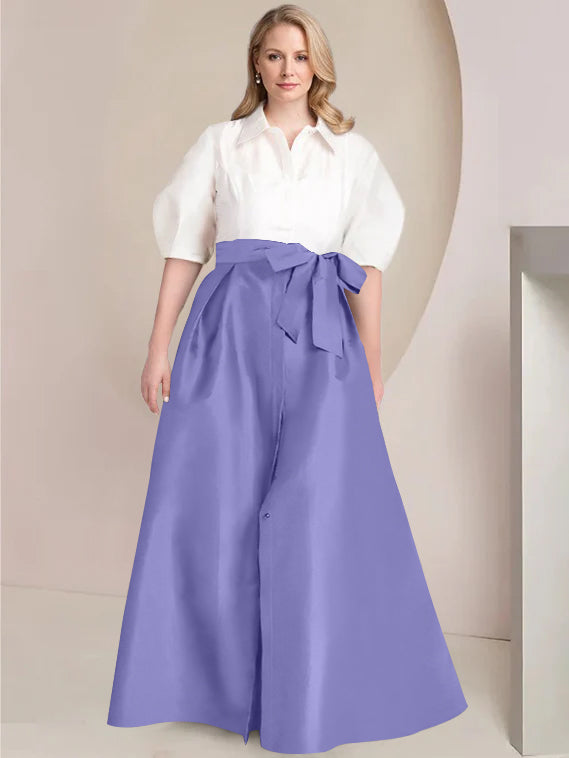 A-Line/Princess Shirt Collar Short Sleeves Floor-Length 2 pieces Plus Size Mother Of The Bride Dresses with Bowknot