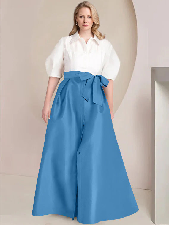 A-Line/Princess Shirt Collar Short Sleeves Floor-Length 2 pieces Plus Size Mother Of The Bride Dresses with Bowknot
