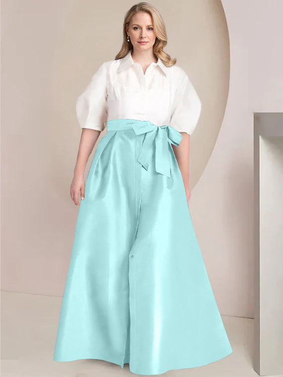 A-Line/Princess Shirt Collar Short Sleeves Floor-Length 2 pieces Plus Size Mother Of The Bride Dresses with Bowknot