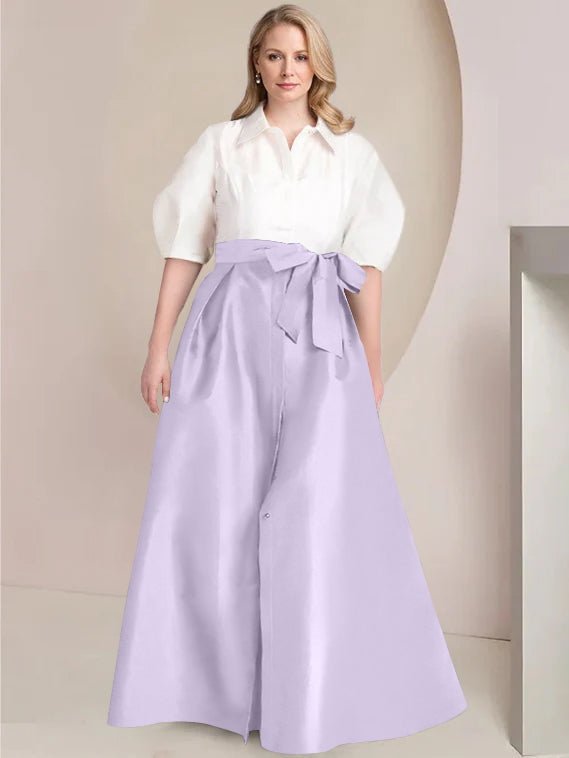 A-Line/Princess Shirt Collar Short Sleeves Floor-Length 2 pieces Plus Size Mother Of The Bride Dresses with Bowknot