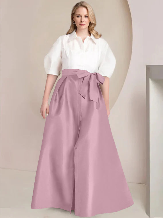 A-Line/Princess Shirt Collar Short Sleeves Floor-Length 2 pieces Plus Size Mother Of The Bride Dresses with Bowknot