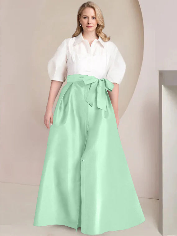 A-Line/Princess Shirt Collar Short Sleeves Floor-Length 2 pieces Plus Size Mother Of The Bride Dresses with Bowknot