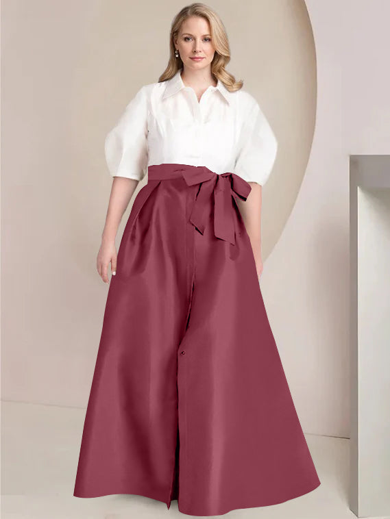 A-Line/Princess Shirt Collar Short Sleeves Floor-Length 2 pieces Plus Size Mother Of The Bride Dresses with Bowknot
