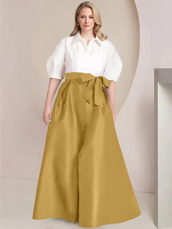 A-Line/Princess Shirt Collar Short Sleeves Floor-Length 2 pieces Plus Size Mother Of The Bride Dresses with Bowknot