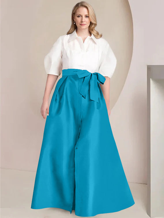 A-Line/Princess Shirt Collar Short Sleeves Floor-Length 2 pieces Plus Size Mother Of The Bride Dresses with Bowknot