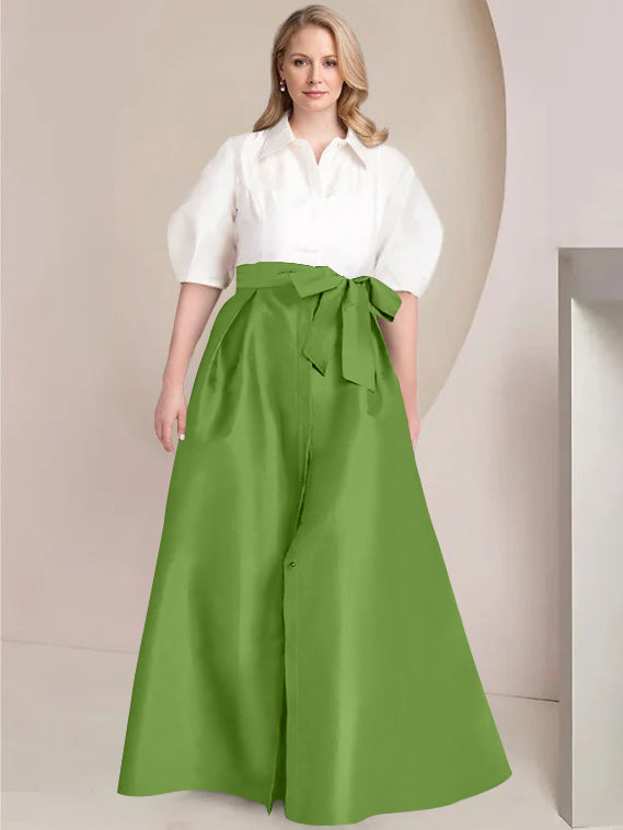 A-Line/Princess Shirt Collar Short Sleeves Floor-Length 2 pieces Plus Size Mother Of The Bride Dresses with Bowknot