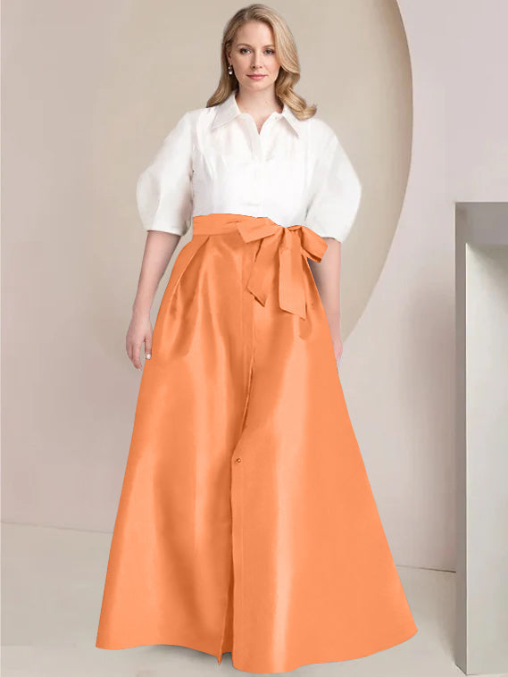 A-Line/Princess Shirt Collar Short Sleeves Floor-Length 2 pieces Plus Size Mother Of The Bride Dresses with Bowknot