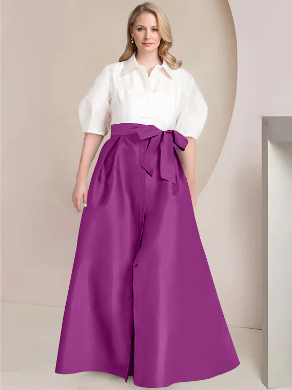 A-Line/Princess Shirt Collar Short Sleeves Floor-Length 2 pieces Plus Size Mother Of The Bride Dresses with Bowknot