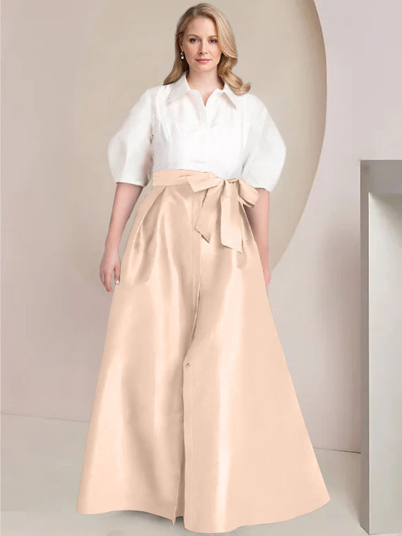 A-Line/Princess Shirt Collar Short Sleeves Floor-Length 2 pieces Plus Size Mother Of The Bride Dresses with Bowknot