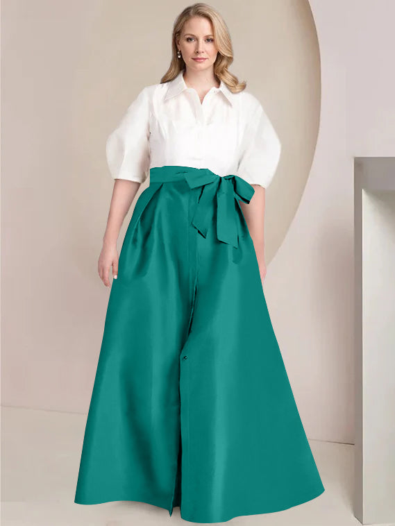 A-Line/Princess Shirt Collar Short Sleeves Floor-Length 2 pieces Plus Size Mother Of The Bride Dresses with Bowknot