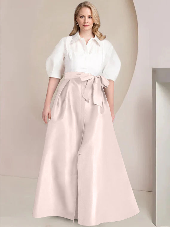 A-Line/Princess Shirt Collar Short Sleeves Floor-Length 2 pieces Plus Size Mother Of The Bride Dresses with Bowknot