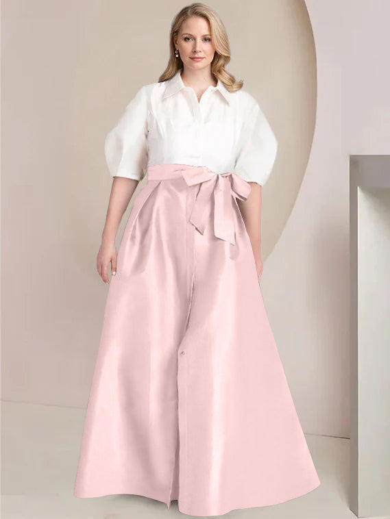 A-Line/Princess Shirt Collar Short Sleeves Floor-Length 2 pieces Plus Size Mother Of The Bride Dresses with Bowknot