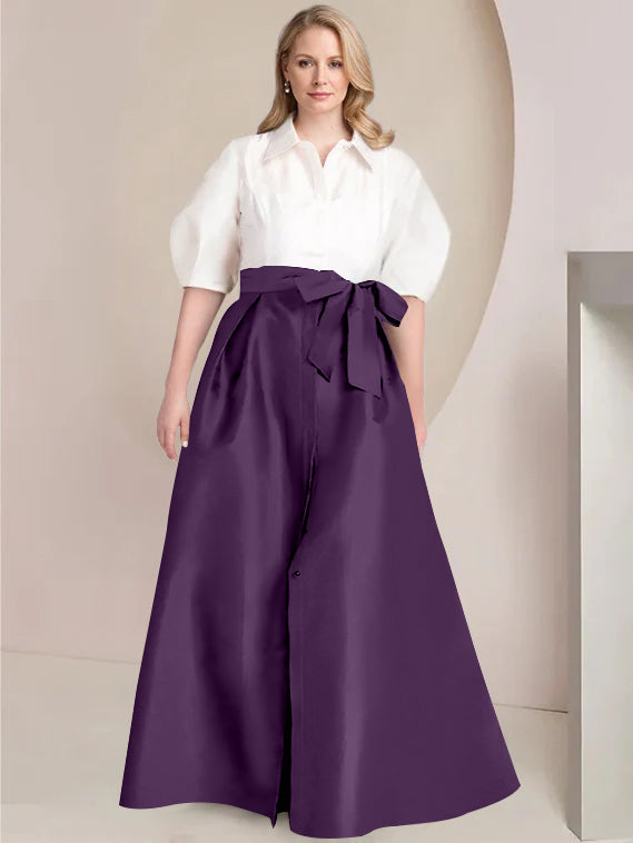 A-Line/Princess Shirt Collar Short Sleeves Floor-Length 2 pieces Plus Size Mother Of The Bride Dresses with Bowknot