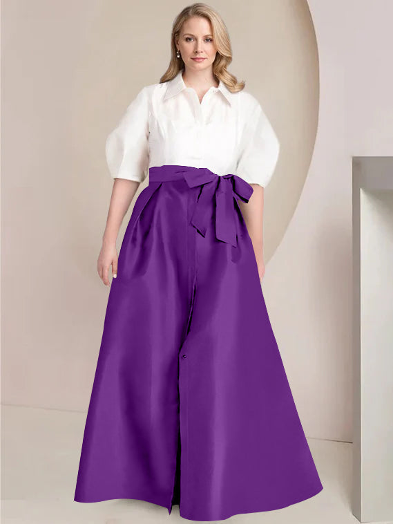 A-Line/Princess Shirt Collar Short Sleeves Floor-Length 2 pieces Plus Size Mother Of The Bride Dresses with Bowknot