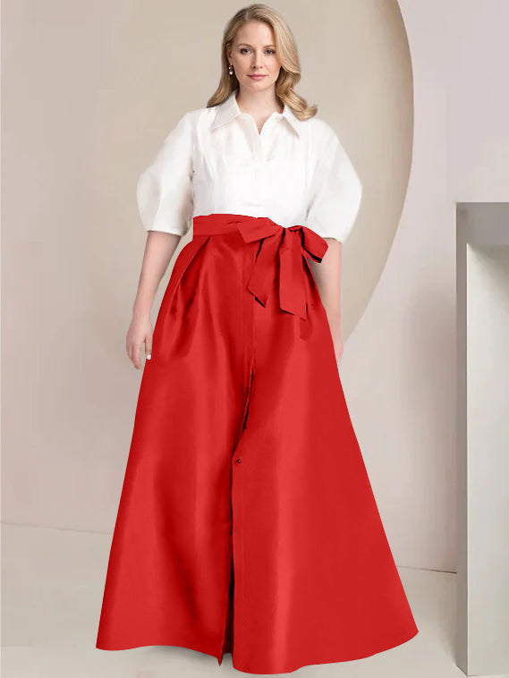 A-Line/Princess Shirt Collar Short Sleeves Floor-Length 2 pieces Plus Size Mother Of The Bride Dresses with Bowknot