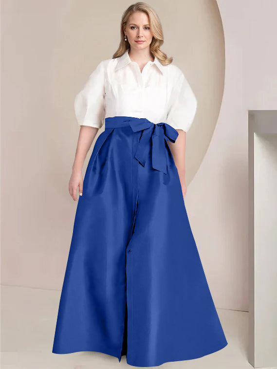 A-Line/Princess Shirt Collar Short Sleeves Floor-Length 2 pieces Plus Size Mother Of The Bride Dresses with Bowknot