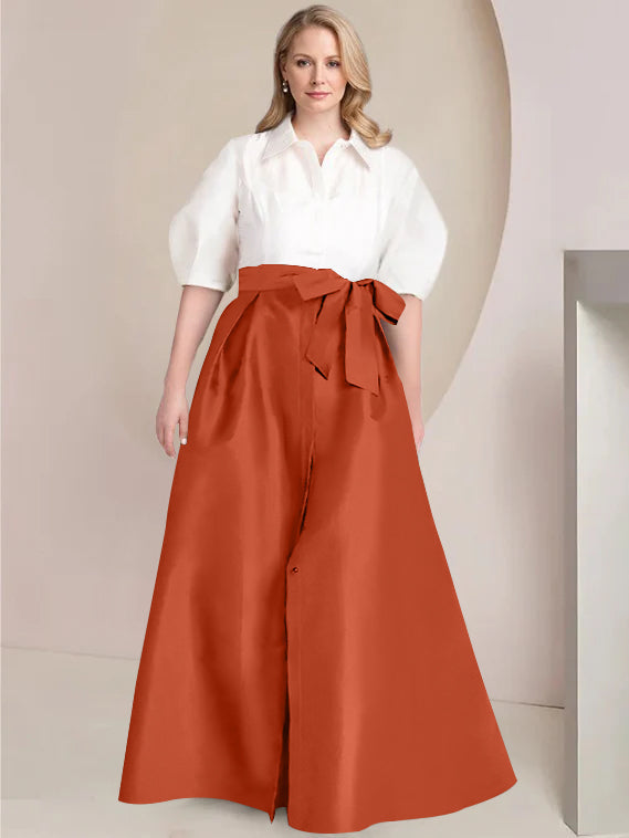 A-Line/Princess Shirt Collar Short Sleeves Floor-Length 2 pieces Plus Size Mother Of The Bride Dresses with Bowknot
