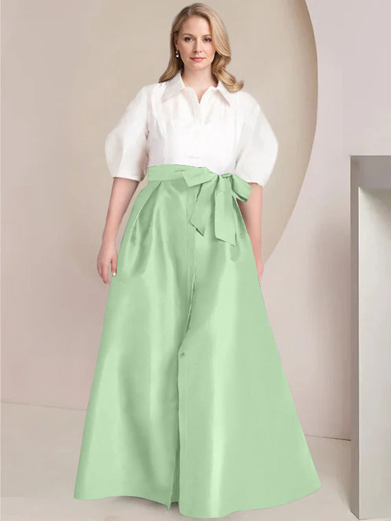 A-Line/Princess Shirt Collar Short Sleeves Floor-Length 2 pieces Plus Size Mother Of The Bride Dresses with Bowknot