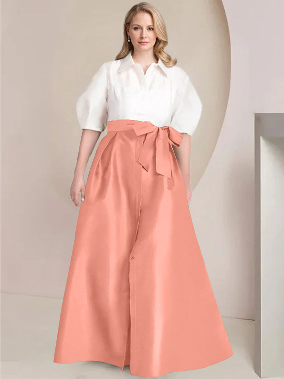 A-Line/Princess Shirt Collar Short Sleeves Floor-Length 2 pieces Plus Size Mother Of The Bride Dresses with Bowknot