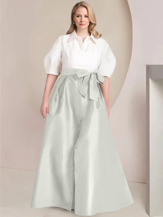 A-Line/Princess Shirt Collar Short Sleeves Floor-Length 2 pieces Plus Size Mother Of The Bride Dresses with Bowknot