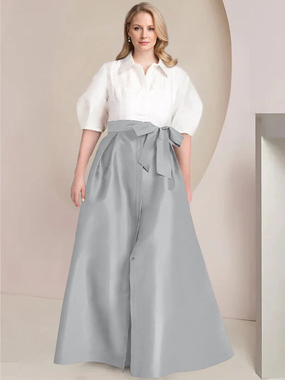 A-Line/Princess Shirt Collar Short Sleeves Floor-Length 2 pieces Plus Size Mother Of The Bride Dresses with Bowknot