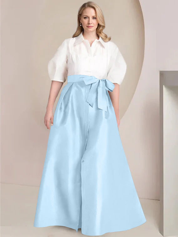 A-Line/Princess Shirt Collar Short Sleeves Floor-Length 2 pieces Plus Size Mother Of The Bride Dresses with Bowknot