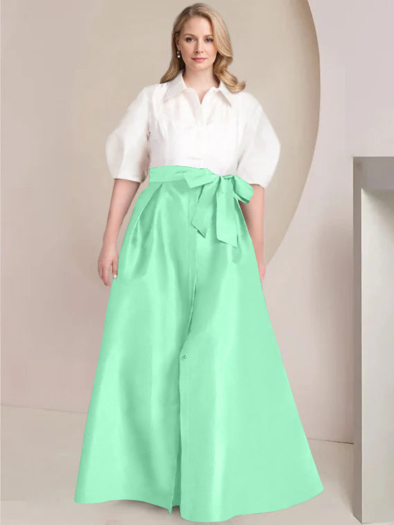 A-Line/Princess Shirt Collar Short Sleeves Floor-Length 2 pieces Plus Size Mother Of The Bride Dresses with Bowknot
