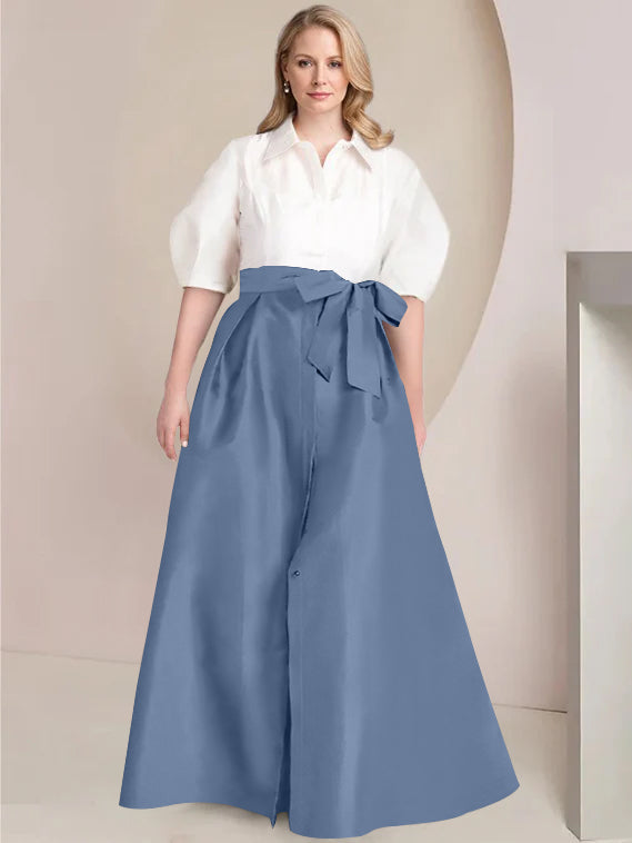 A-Line/Princess Shirt Collar Short Sleeves Floor-Length 2 pieces Plus Size Mother Of The Bride Dresses with Bowknot