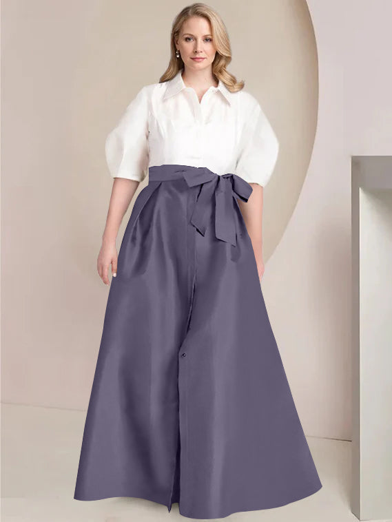 A-Line/Princess Shirt Collar Short Sleeves Floor-Length 2 pieces Plus Size Mother Of The Bride Dresses with Bowknot