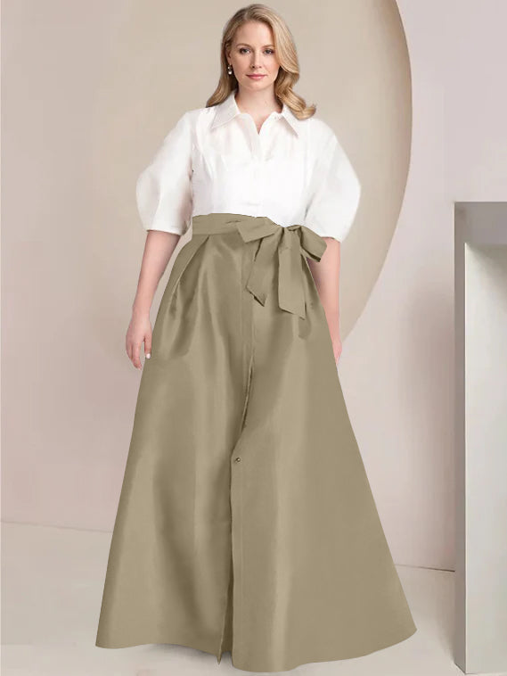 A-Line/Princess Shirt Collar Short Sleeves Floor-Length 2 pieces Plus Size Mother Of The Bride Dresses with Bowknot