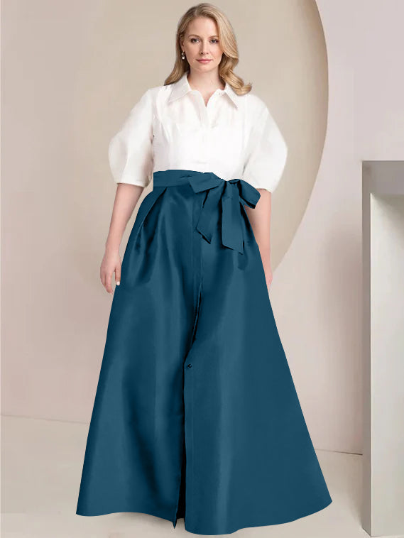 A-Line/Princess Shirt Collar Short Sleeves Floor-Length 2 pieces Plus Size Mother Of The Bride Dresses with Bowknot