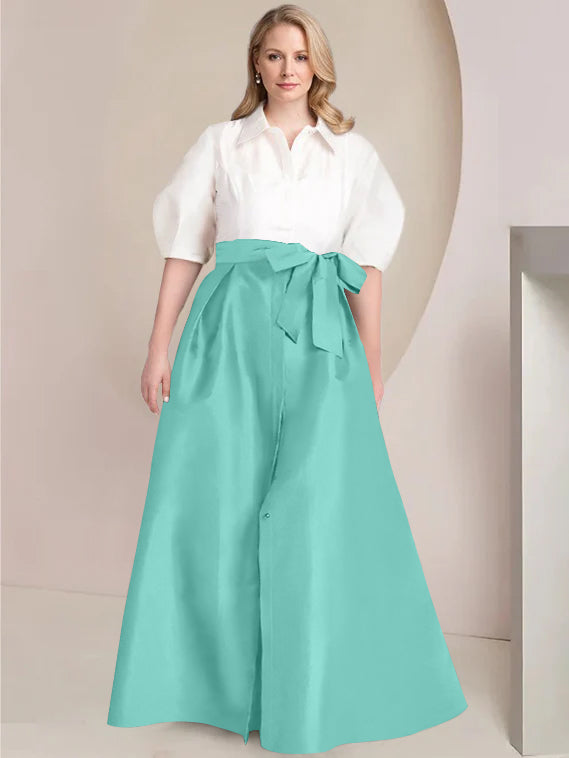 A-Line/Princess Shirt Collar Short Sleeves Floor-Length 2 pieces Plus Size Mother Of The Bride Dresses with Bowknot