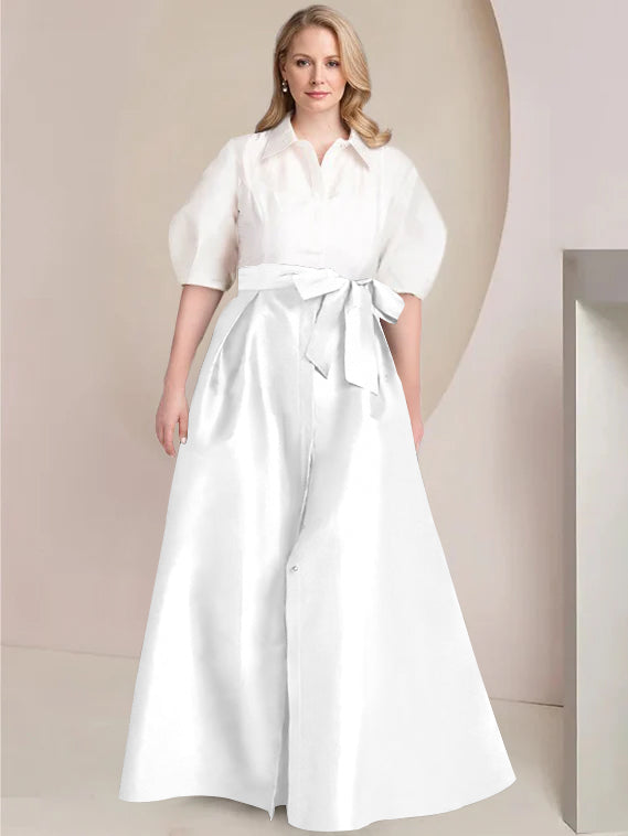 A-Line/Princess Shirt Collar Short Sleeves Floor-Length 2 pieces Plus Size Mother Of The Bride Dresses with Bowknot