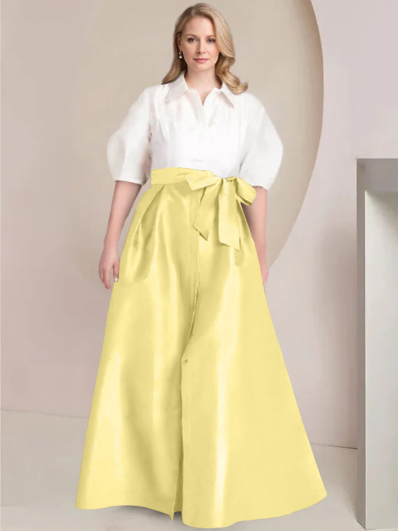 A-Line/Princess Shirt Collar Short Sleeves Floor-Length 2 pieces Plus Size Mother Of The Bride Dresses with Bowknot