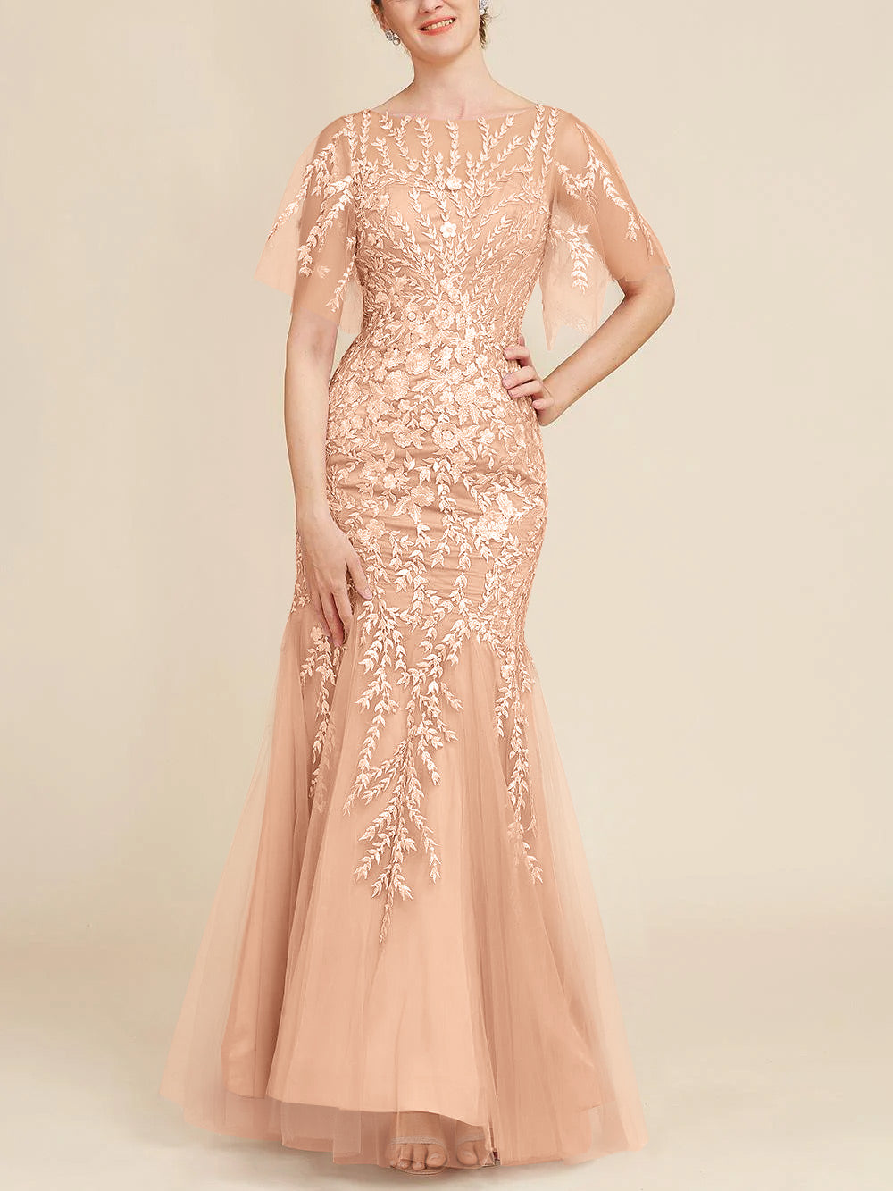 Trumpet/Mermaid Scoop Half Sleeves Floor-Length Mother of the Bride Dresses with Lace