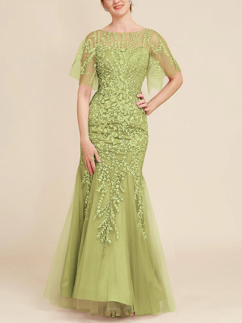 Trumpet/Mermaid Scoop Half Sleeves Floor-Length Mother of the Bride Dresses with Lace