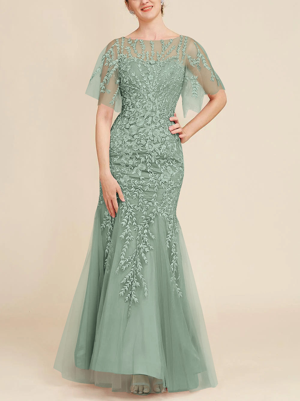 Trumpet/Mermaid Scoop Half Sleeves Floor-Length Mother of the Bride Dresses with Lace