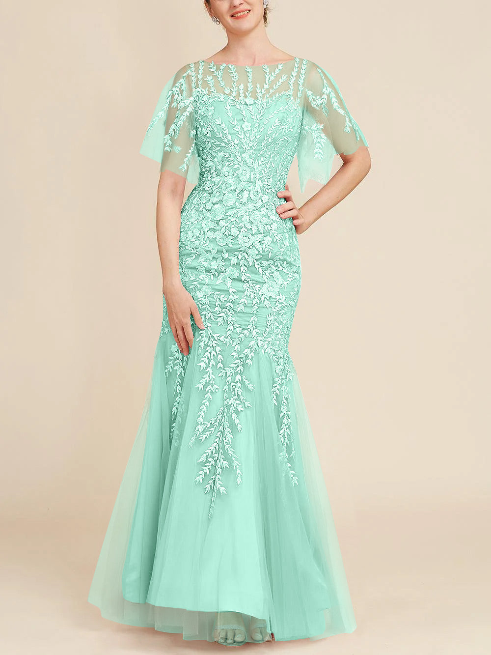 Trumpet/Mermaid Scoop Half Sleeves Floor-Length Mother of the Bride Dresses with Lace