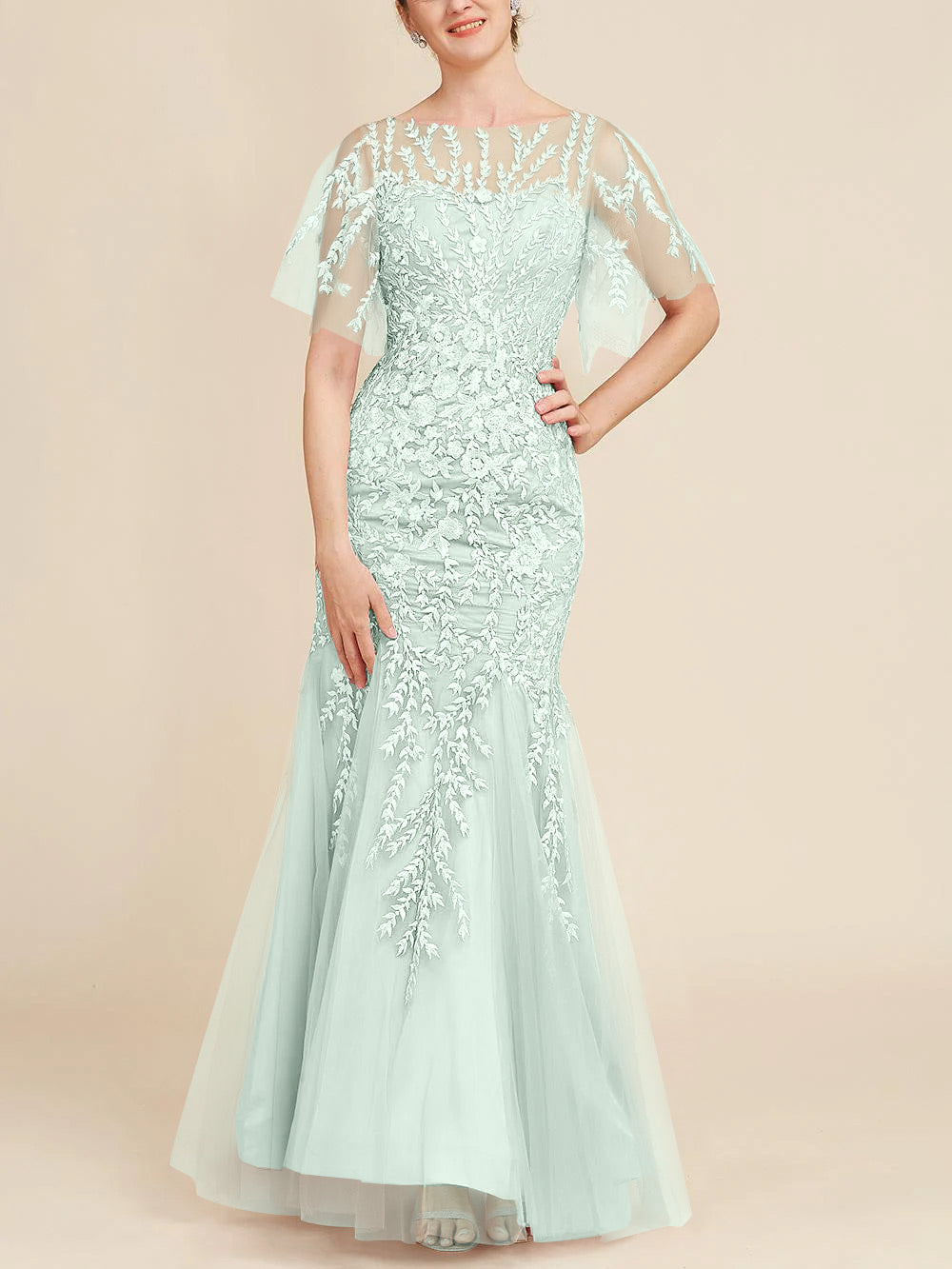 Trumpet/Mermaid Scoop Half Sleeves Floor-Length Mother of the Bride Dresses with Lace
