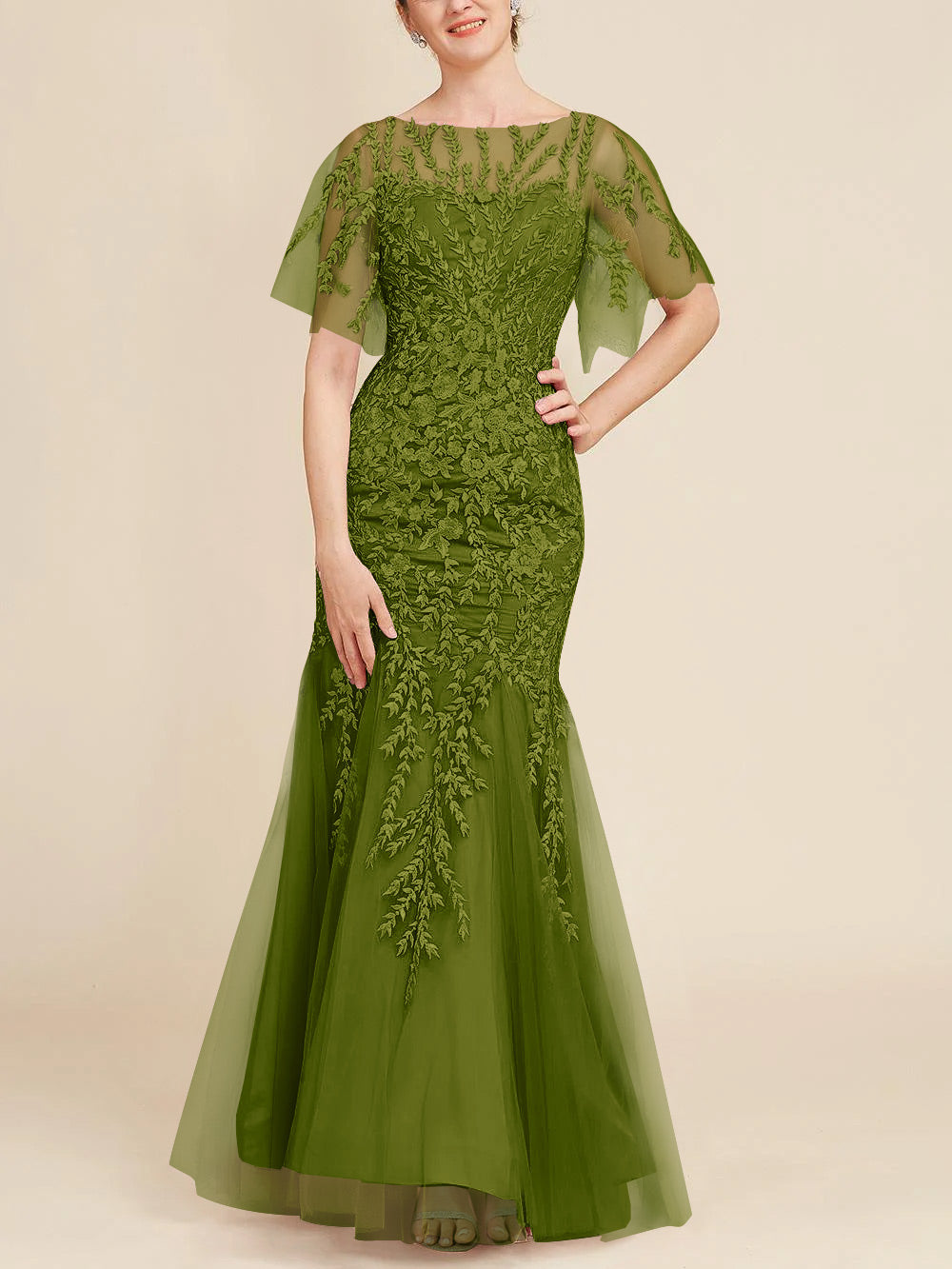 Trumpet/Mermaid Scoop Half Sleeves Floor-Length Mother of the Bride Dresses with Lace
