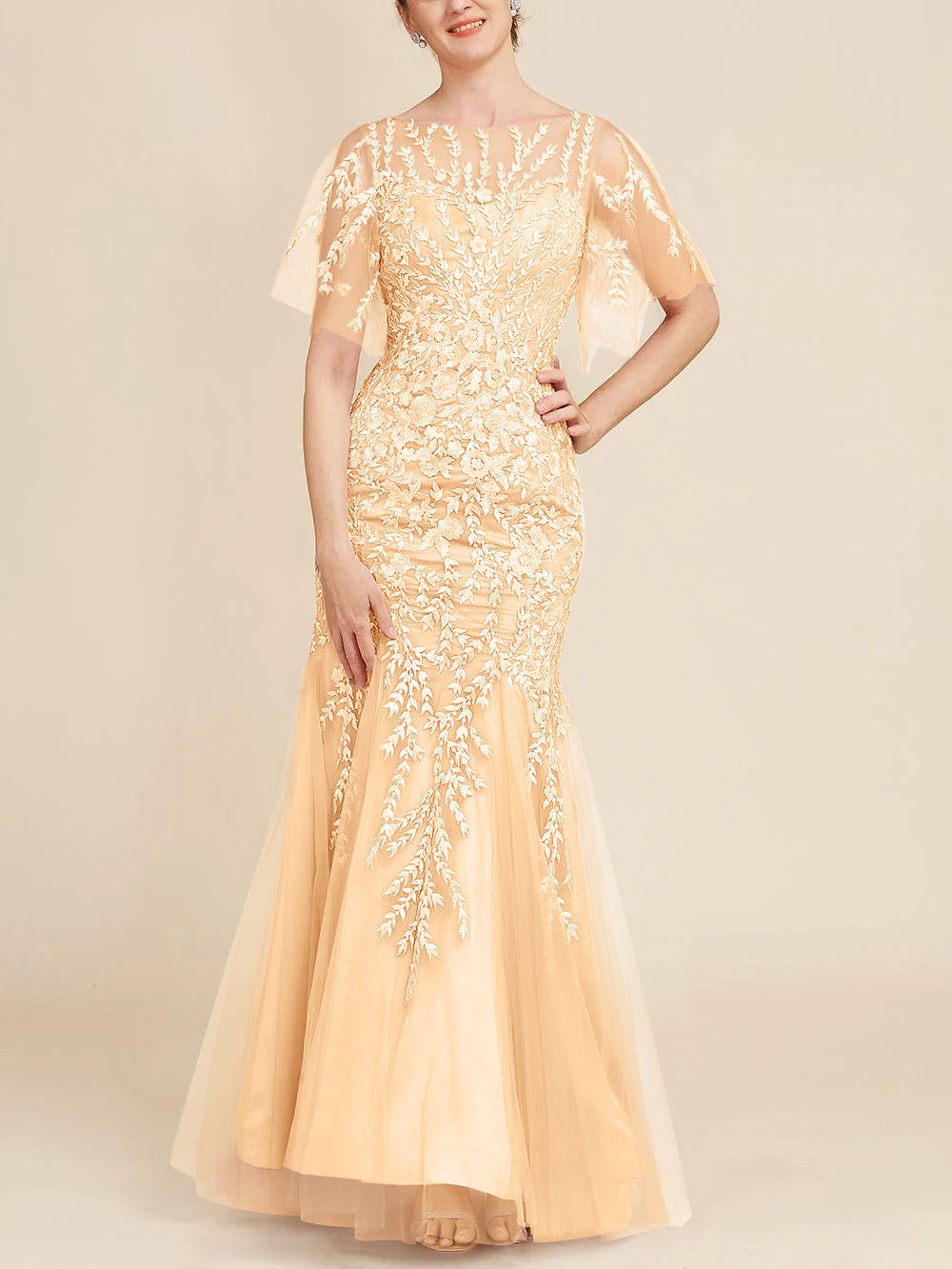 Trumpet/Mermaid Scoop Half Sleeves Floor-Length Mother of the Bride Dresses with Lace